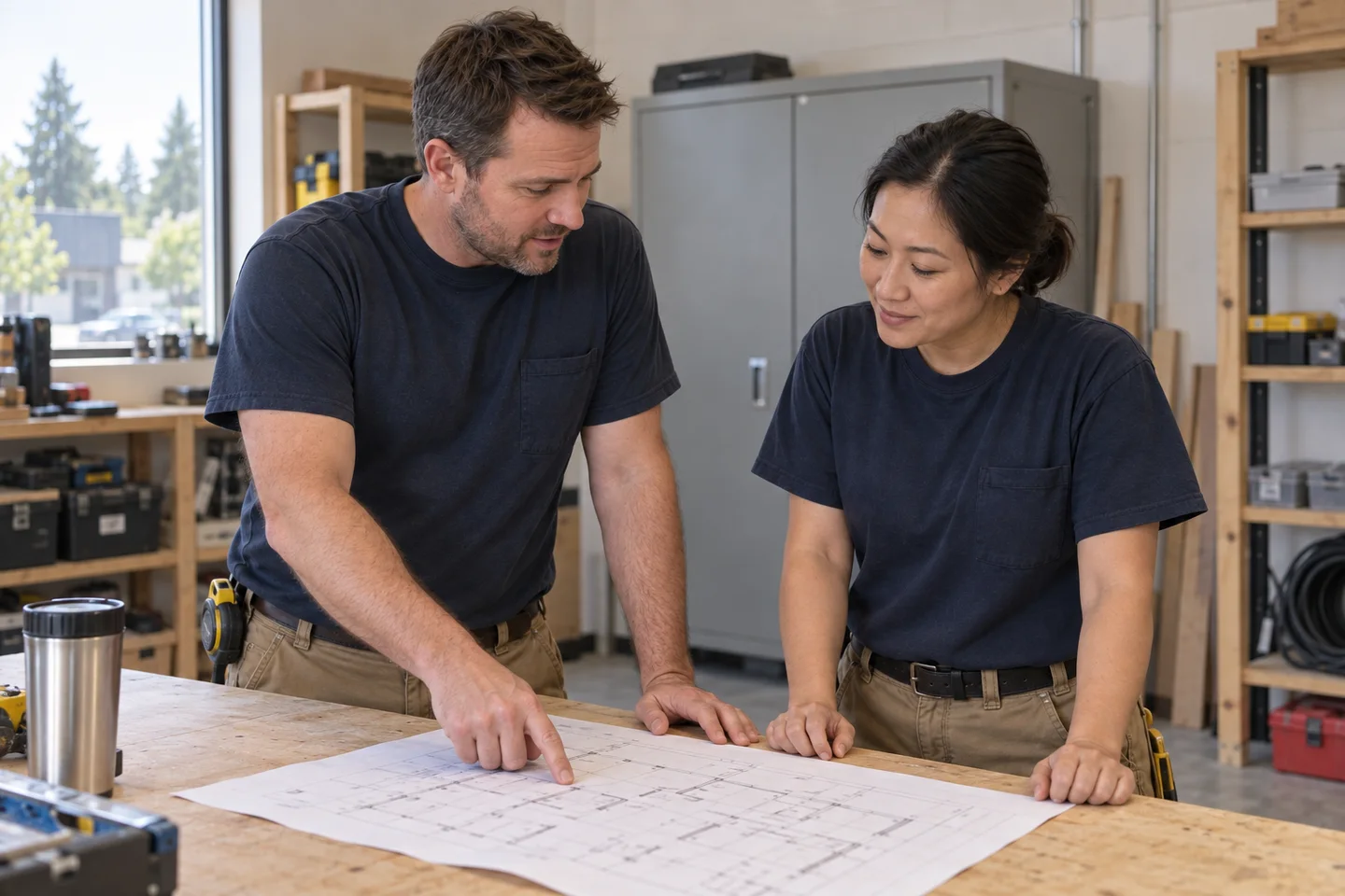 Two fictional electricians study a floor plan at a workshop bench.
