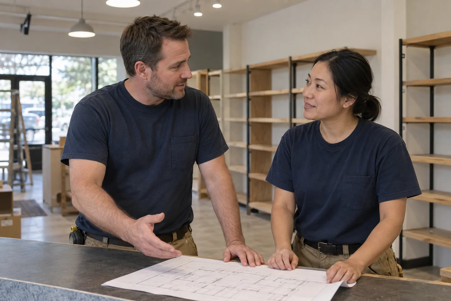 Two fictional electricians discuss a floor plan in a small shop.