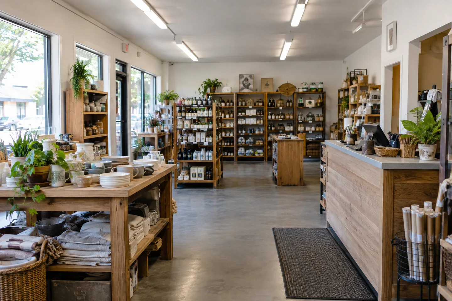 A small neighborhood shop with simple ceiling lighting.