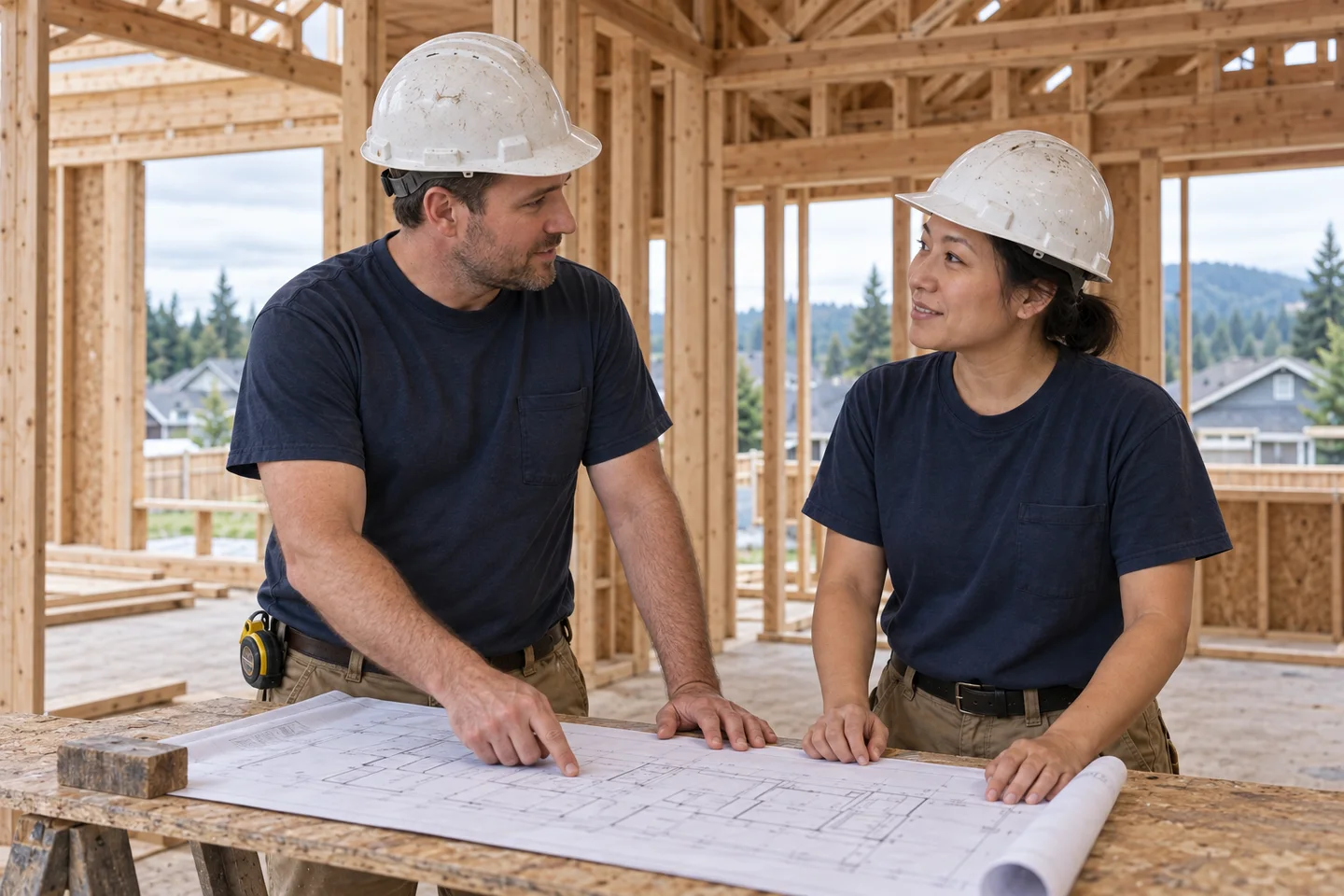Two fictional electricians review a plan inside a timber-framed home.