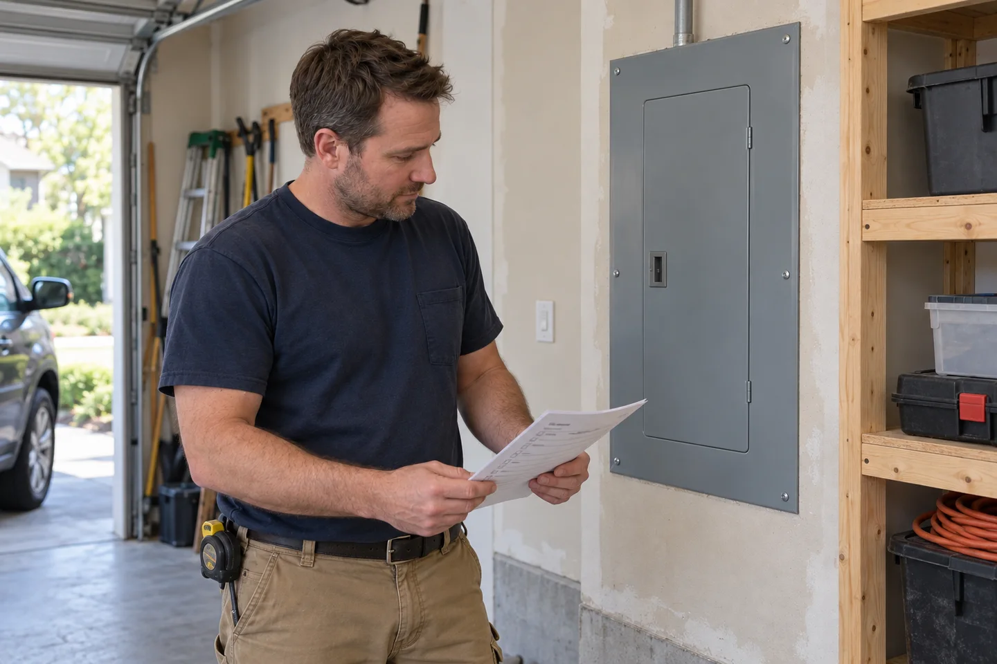A fictional electrician reviews a checklist beside a closed electrical panel.