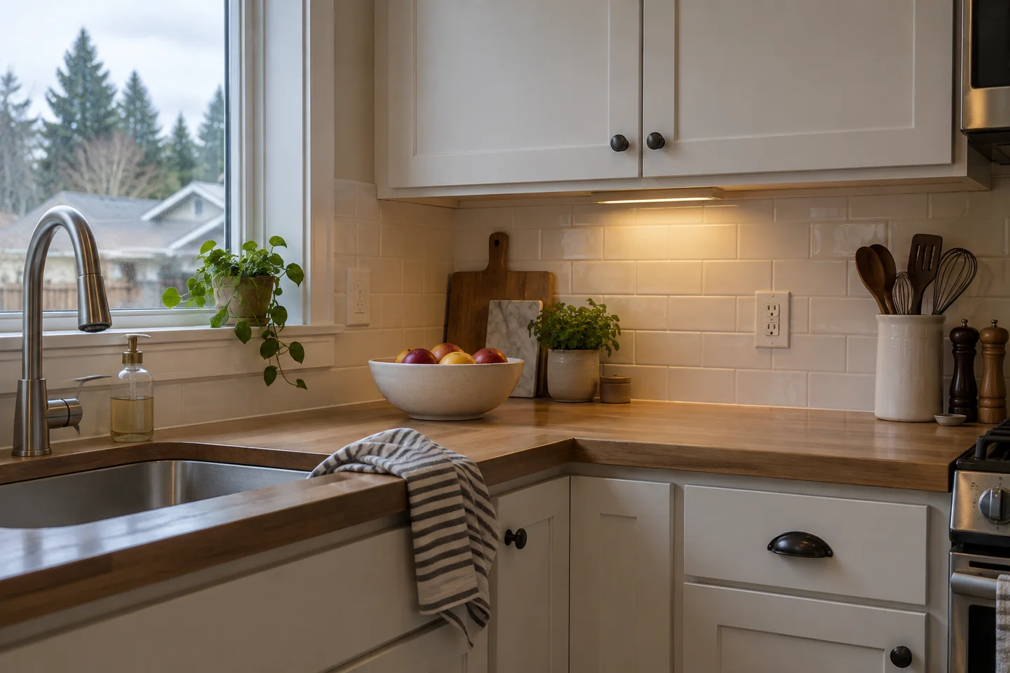 A home kitchen with under-cabinet lighting and US outlets.
