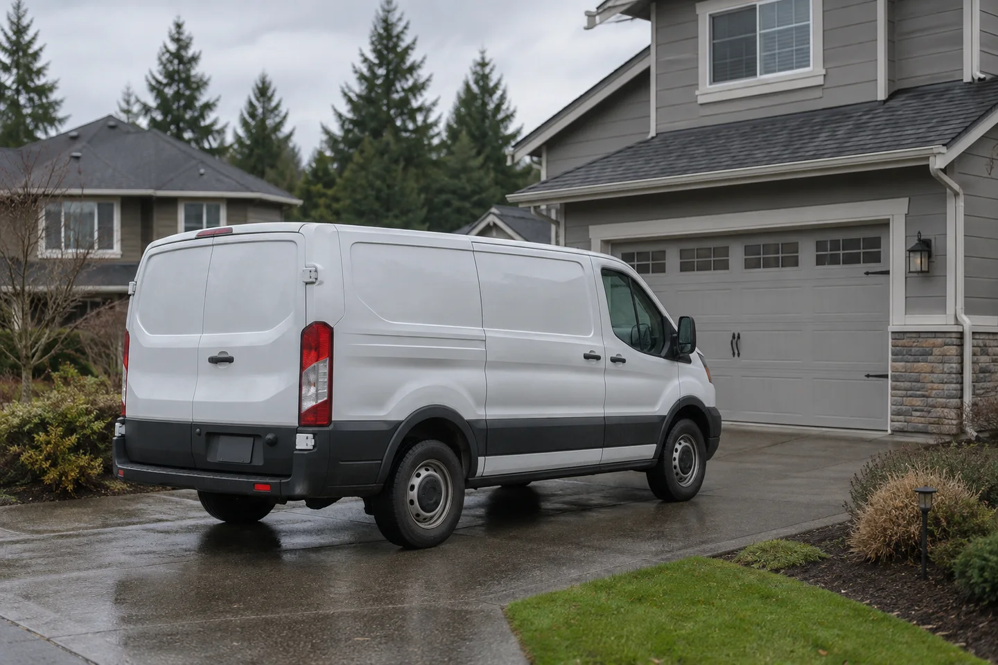 An unbranded work van on a suburban driveway.